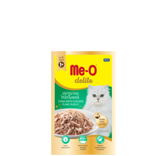 Thức ăn ướt me-o delite hương vị cá ngừ và thịt gà xé nấu đông